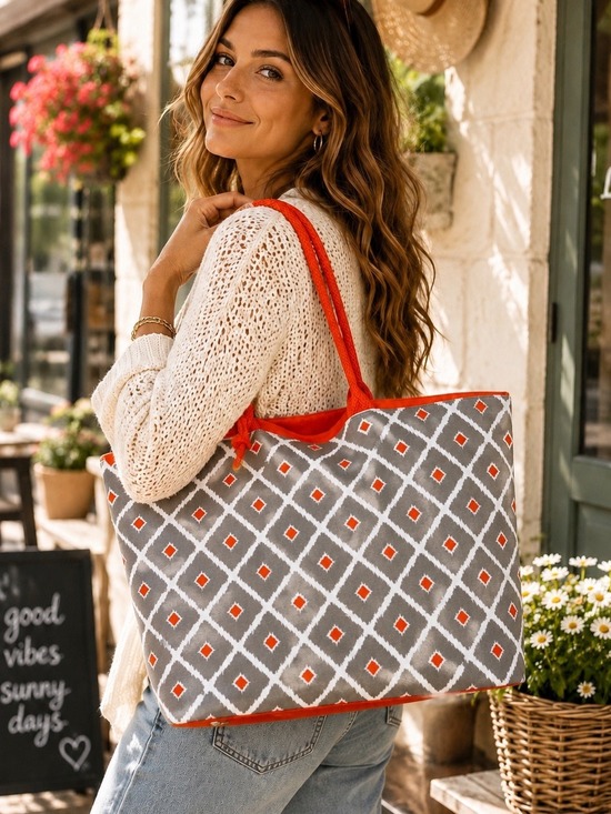 Source Unknown Handbags - Canvas Tote Bag Gray Geometric Print Orange Handles Zip Pouch Large Shoulder Bag